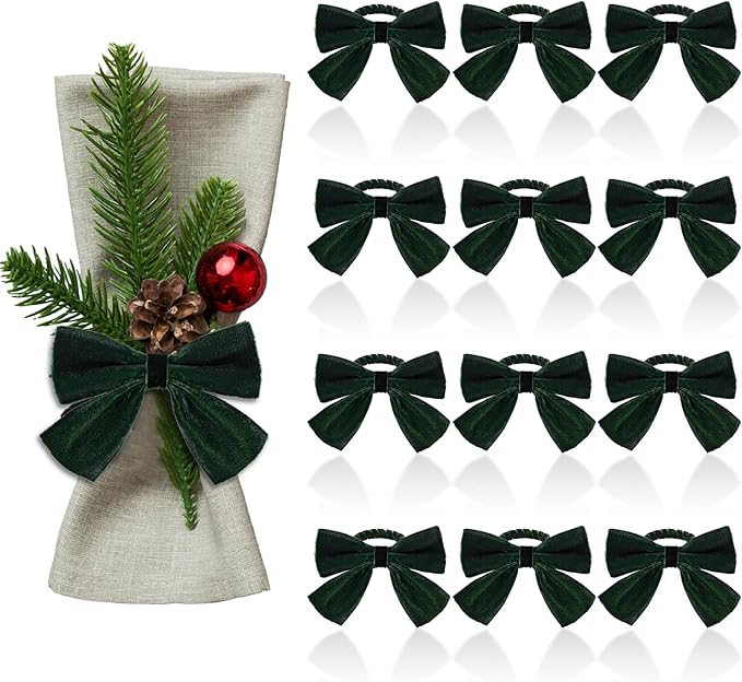 12 Pcs Green Christmas Bow Napkin Rings,Chic Xmas Velvet Napkin Ring Holders for Holiday Serviette Birthday Anniversary Party Dinner Wedding Dining Tableware Decoration