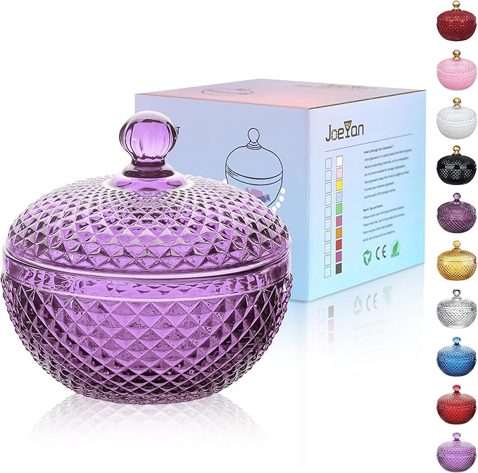 Joeyan 12 oz Small Purple Glass Jewelry Box Jars with Lid,Embossed Glass Candy Dishes,Diamond Faceted Food Container,Decorative Apothecary Canisters,Colored Kitchen Bathroom Buffet Storage Organizer
