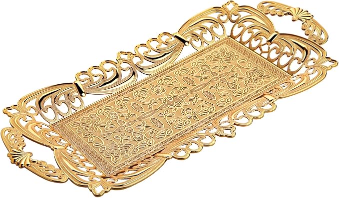 Turkish Tea Coffee Serving Tray with Handles Ottoman Decorative (Gold)