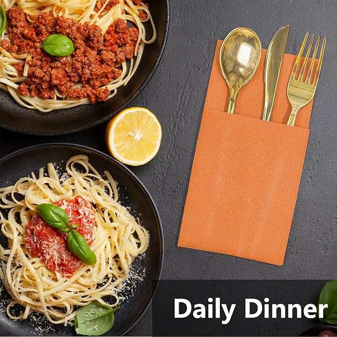 Pastel Orange Linen Feel Napkins with Flatware Pocket, 50 Pack Cloth Like Pre-Folded Napkins for Silverware, Guest Hand Towel for Dinner Party Wedding Decoration (16. x 15.5 inch)