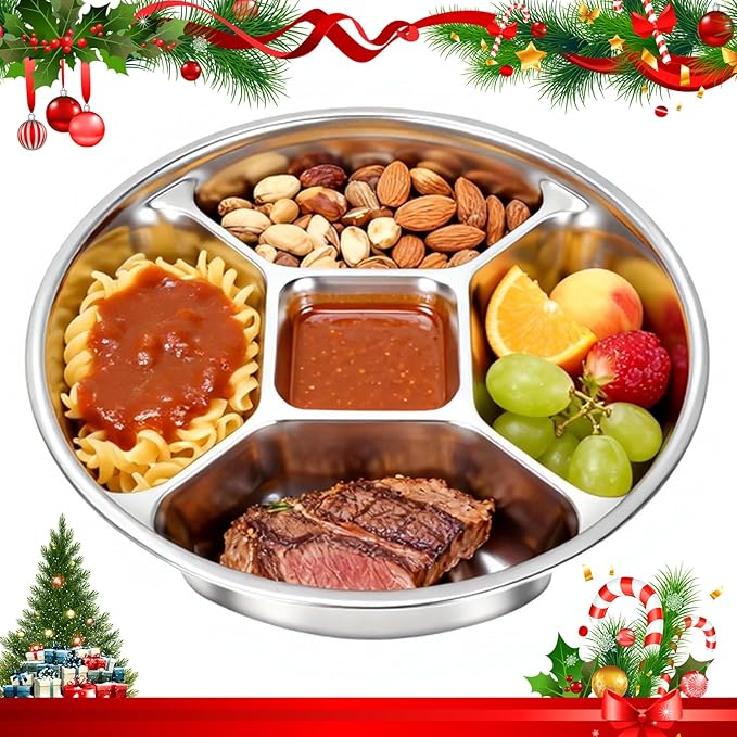 Stainless Steel Divided Dinner Plate 8'' Reusable Portion Control Plate - Metal Separated Plates & Lunch Dinner Plates Set - Round Serving Platter, BPA-Free Microwave-Safe for Meal Prep, Work & Family