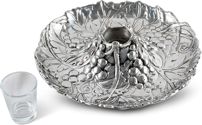 Arthur Court Aluminum Metal Grape Pattern Tidbit Cheese Hors d'oeuvres Tray with Glass for Toothpick - Entertaining Small Platter 10 inch Diameter x 2.25 inch Tall