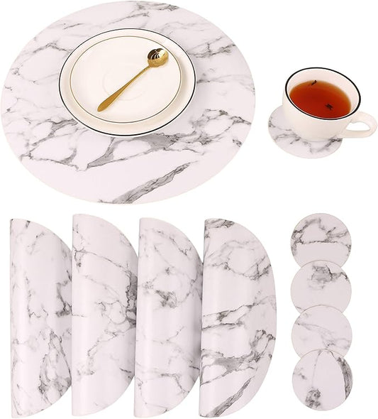 Marble Round Placemats and Coasters, Faux Leather Waterproof Table Mats, Easy to Wipe Off for Kitchen Dining Round Table