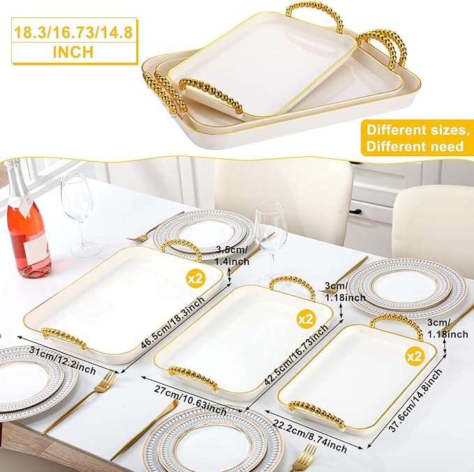 Rtteri Set of 6 Serving Platters with Handles 18.3/16.73/14.8 Inch Large Rectangular Serving Tray Reusable for Entertaining Dinner Party Wedding Decoration(Round Beads Handles,White)