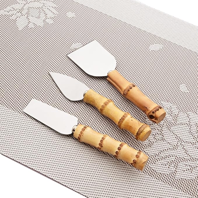 Gugrida Flatware Silverware Serving Set Silver Stainless Steel Hostess Serving Utensil Set with Bamboo Handle Dishwasher Safe, 6pieces Cheese Knife Set
