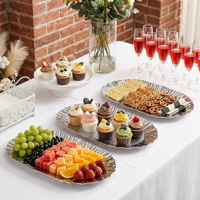 AVLA 6 Pack Plastic Serving Tray, Silver Serving Platter, Reusable Party Snack Serving Tray, Decorative Food Appetizer Platters for Dessert Table, Cupcake, Charcuterie, Cookies, 14" x 8.5"