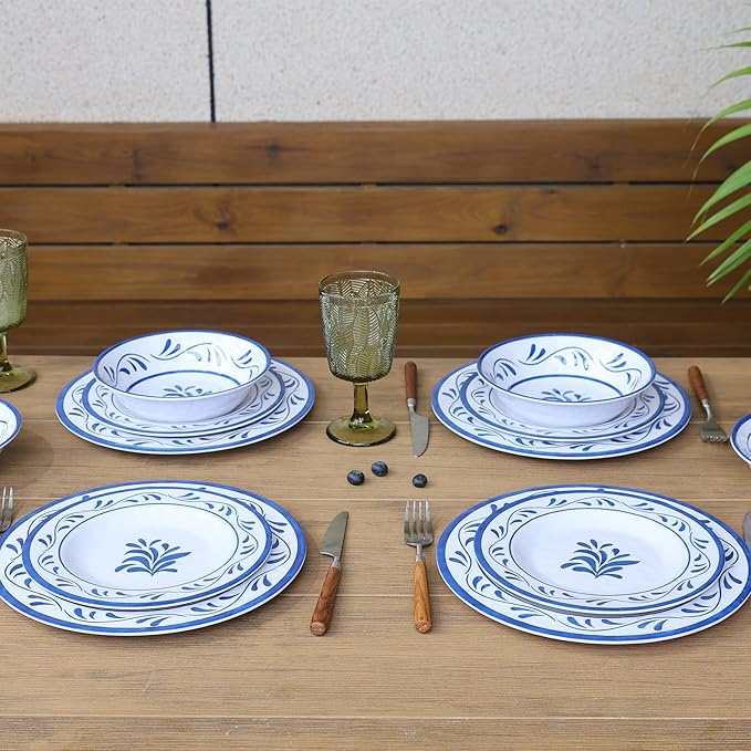Melamine Dinnerware Sets 12 Pcs, Melamine Plates and Bowls,Party Plates and Bowls Sets, Camping Dishes Set for 4, Unbreakable, BPA Free, Dishwasher Safe （Blue water drop flower）