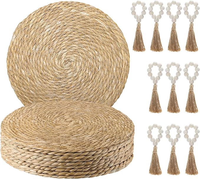 Boho Woven Placemats Set of 10 with Wooden Napkin Rings, Round Charger Plates, Natural Ranttan Dinner Place Mats for Dining Table Decor - 13.8 inch