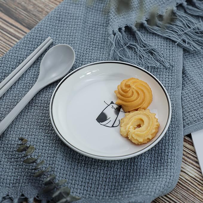SOCOSY Cute Cartoon Dog Ceramic Seasoning Dishes Sauce Dish Sushi Dipping Bowl Appetizer Plates Tea Bag Holder Serving Dish for Kitchen 5'' (Cat)