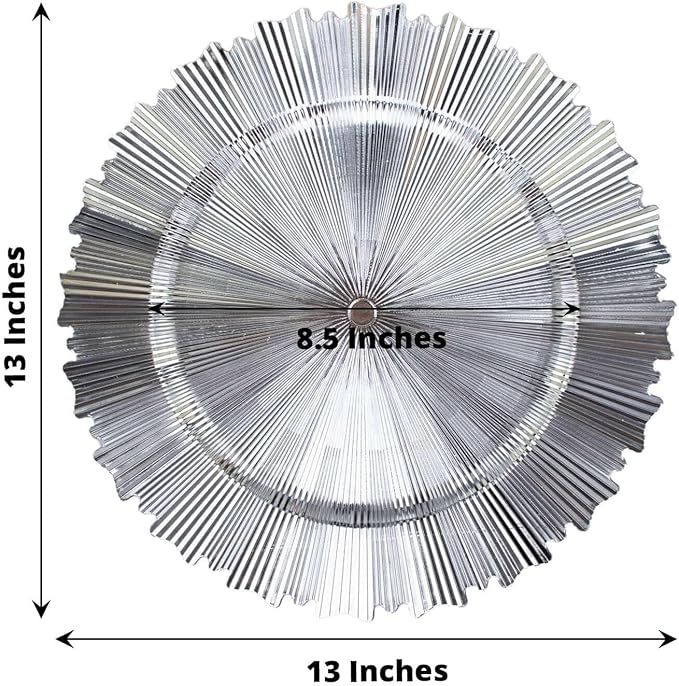 13" Charger Plates - Set of 24 - Metallic Silver with Sunray Scalloped Rim Plastic Chargers, Disposable Round Acrylic Serving Trays For Dinner Wedding Party Events