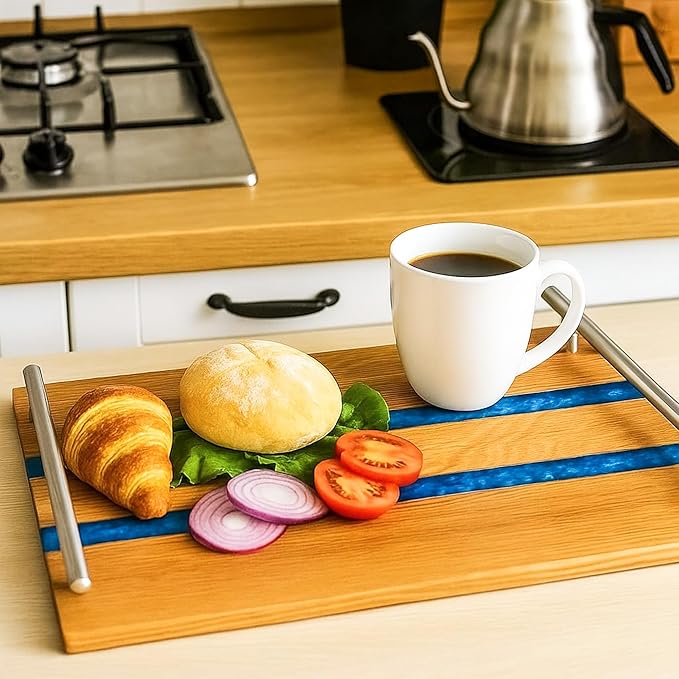 Oak Wood Epoxy Resin Serving Tray with Silver Handal and dubal Epoxy Looks for Food Breakfast in Bed Coffee Table Decor Serving Tray