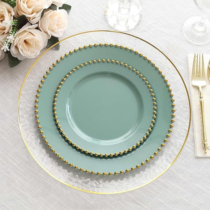 8" Salad Plates - Set of 20 - Plastic Dusty Sage Green/Gold Round Disposable Dessert Appetizer Plate Beaded Rim, Ideal for Dinner Party Wedding Bulk Events