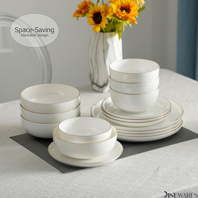 Perlaceo Luxurious Collection of 12-Piece White with Gold Rim Bone China Dinnerware Set - Lightweight and Durable - Service for 4, Including Dinner Plates, Salad Plates, and Cereal or Soup Bowls