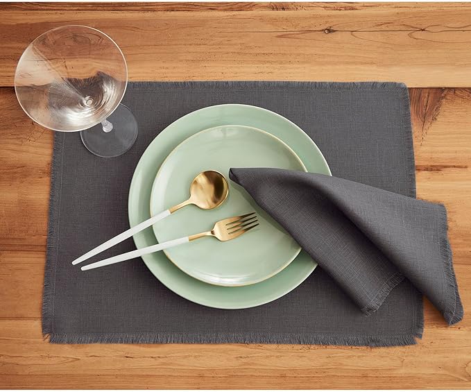 Solino Home Linen Fringe Cloth Placemats Set of 4-100% Pure Linen Charcoal Placemats 14 x 19 Inch for Winter, Christmas, Holiday, New Year - Handcrafted and Machine Washable