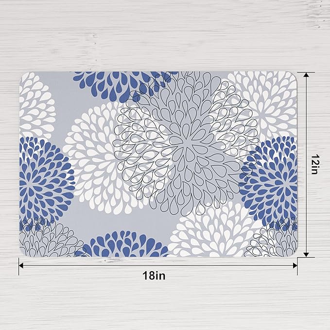 QIYI Placemats Set of 4, 12x18 Inch PU Leather Place Mats for Kitchen Dinning, Heat Resistant Anti Slip Flower Table Mats, Waterproof Wipeable Washable Placemat Party Table Décor, Blue Floral Burst