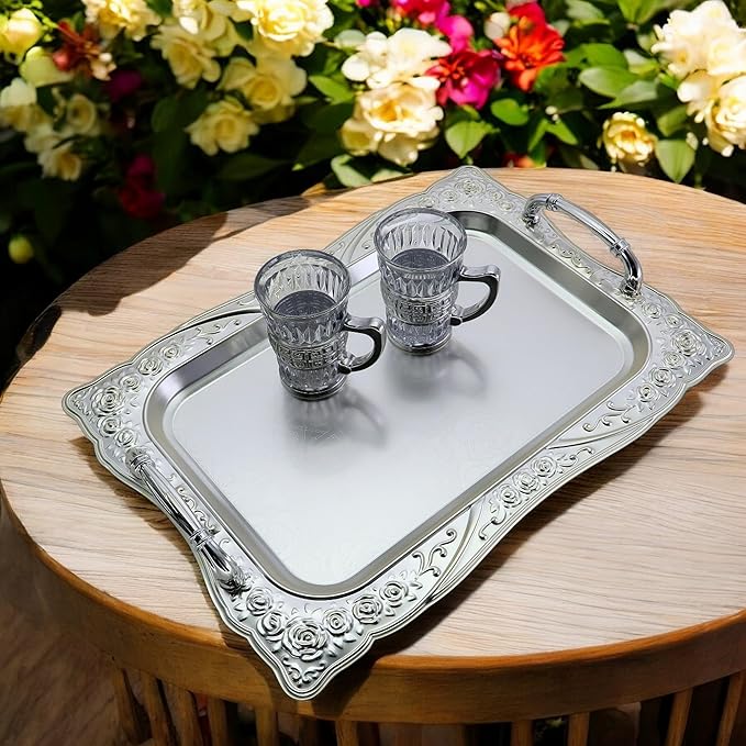 (Pack of 2) 14.2 inch x 10.2 inch Rectangular Chrome Serving Tray with Handles Vintage Floral Edge Engraved Decorative Wedding Birthday Buffet Party Wine Plate Platter Base CC-409