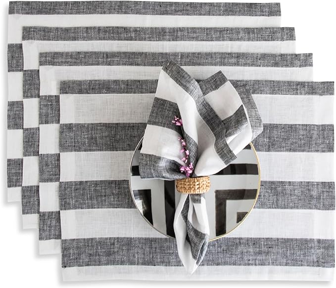 Solino Home Linen Placemats Set of 4 - Cabana Stripe Black and White Placemats 14 x 19 Inch - 100% Pure Linen Place Mats for Winter, Holiday