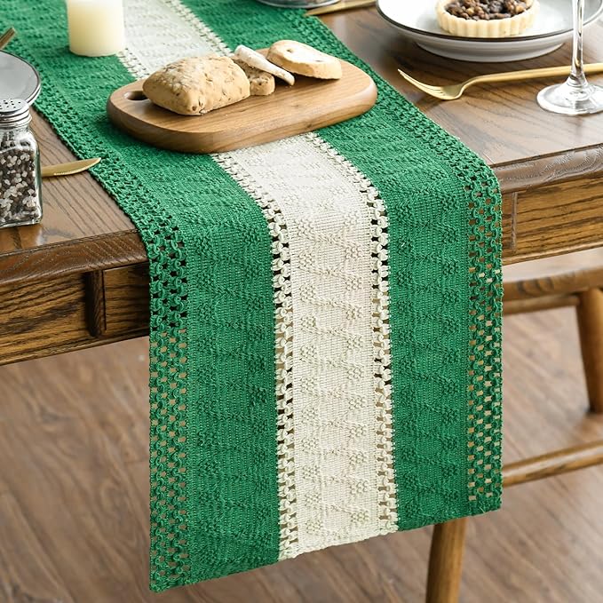 Artoid Mode Dark Green Farmhouse Rustic Table Runner, Seasonal Christmas Hollow Kitchen Dining Table Decoration for Home Party Decor 12x72 Inch