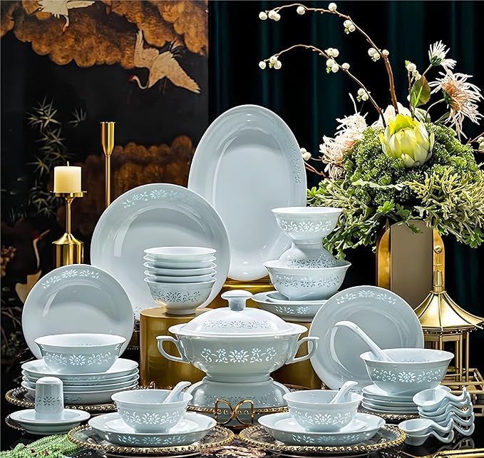 58Pcs Celadon Dinnerware Sets Translucent Porcelain Tableware Set High-Temperature White Bowls Plates Home Use Luxury Gift Ceramic Dinnerware Sets,