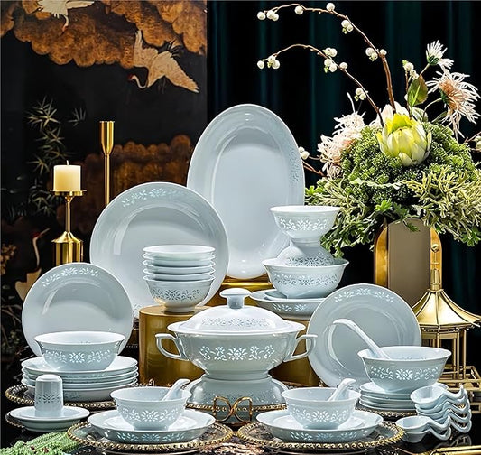 58Pcs Celadon Dinnerware Sets Translucent Porcelain Tableware Set High-Temperature White Bowls Plates Home Use Luxury Gift Ceramic Dinnerware Sets