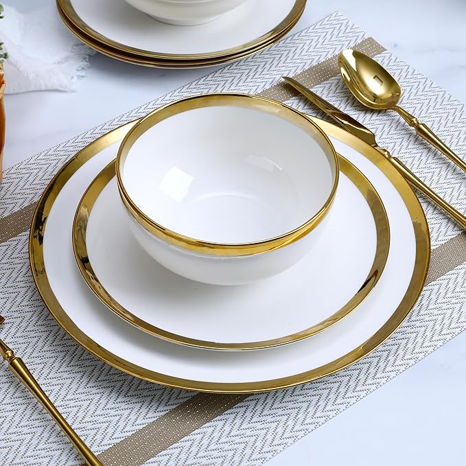 Luxury 12-Piece white Dinnerware Set with Gold Rim for 4,Elegant White bone china Porcelain Plates & Bowls, Microwave and Dishwasher Safe, Chip Resistant Fine Dining Set