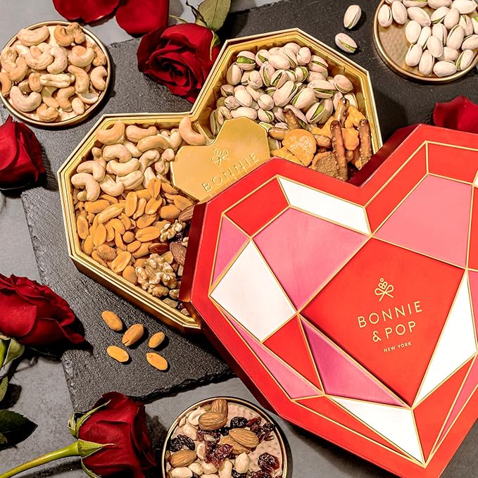 Valentine's Day Gift Basket, Heart Box with Gourmet Nuts Assortment, Premium Mixed Nuts Variety Pack for Wife, Girlfried, Mom, Women, Girl, Spouse- Bonnie and Pop