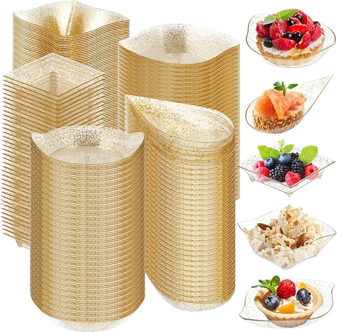 Tessco for you 200 Pcs Mini Appetizer Plates Set, Disposable Dessert Plates Assorted Shape Mini Plastic Spoons for Wedding Party Birthday (Gold)