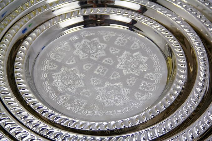 Moroccan Tea Tray Serving Cocktail Silver Handmade Fez Small Or Large Round (13 Inch)