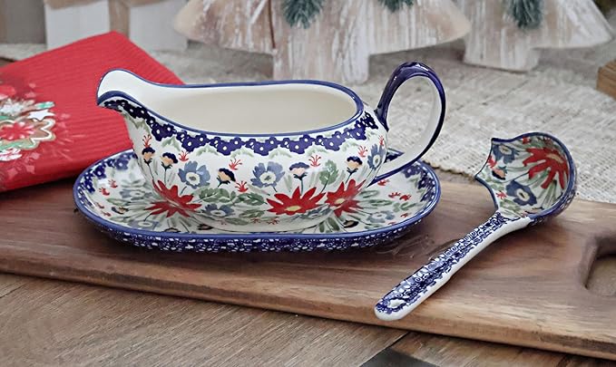 Blue Rose Polish Pottery Jungle Bouquet Gravy Boat & Ladle