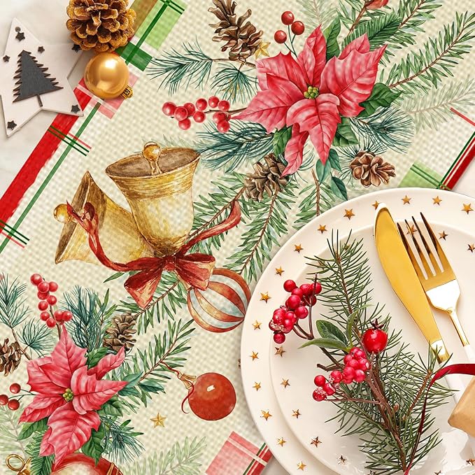 Christmas Bells Table Runner Seasonal Winter Kitchen Dining Linen Table Decoration for Indoor Outdoor Home Party Decor 13 x 72 Inch