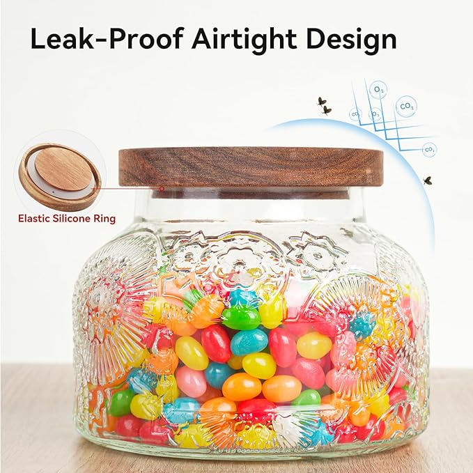25 Oz Glass Candy Jar with Wooden Lid - Vintage Airtight Food Storage Container for Kitchen Pantry Office Decor, Clear Cookies Canister Organize Coffee Sugar Tea Spice Nuts Snacks