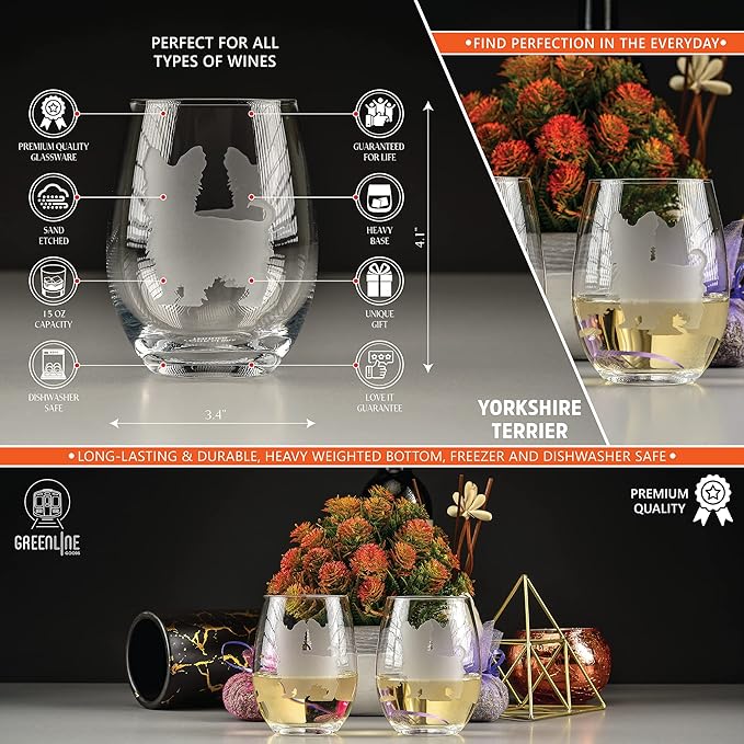 Yorkshire Terrier Stemless Wine Glasses (Set of 2) - Unique Gift for Dog Lovers - Hand Etched with Breed Name on Bottom