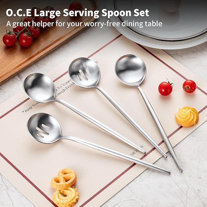 O.C.E. 4 Pieces Serving Spoons Set,10.3-Inch Large Serving Spoon,Including 2 Serving Spoon and 2 Slotted Spoon,Stainless Steel Flatware Serving Set,for Buffet,Banquet or Gift,Matte Silver