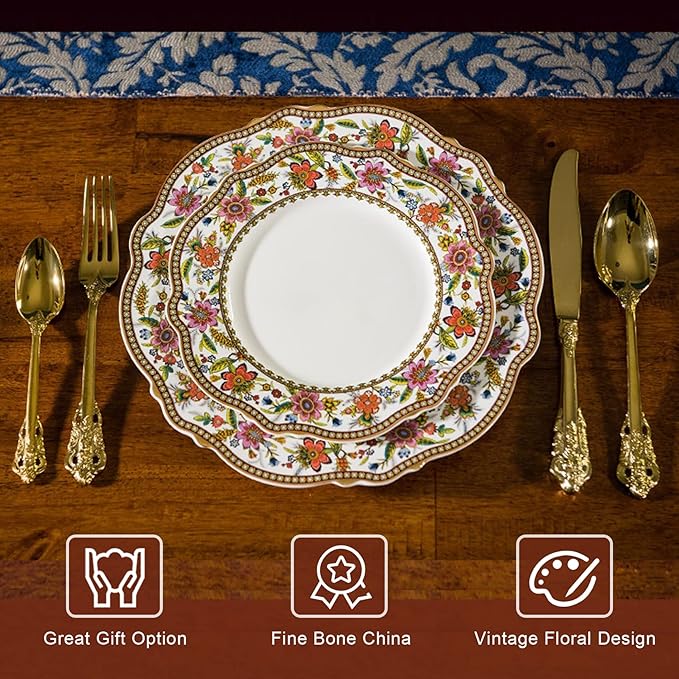 ACMLIFE Bone China Dinnerware Set for 4, 12-Piece Vintage Floral Dinnerware Set, Kitchen Plates and Bowls Set, China Plates Set, Christmas Gifts for Women, Thanksgiving Dinnerware Sets(Pink)