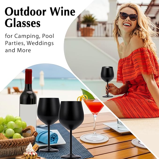 Black Wine Glasses Set of 4, 18oz Stainless Steel Unbreakable Goblets - Outdoor Metal Cups for Camping, Hiking Adventures