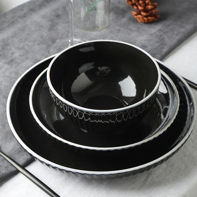 Christian Siriano Lustra Modern 32-Piece Stoneware Dinnerware Set, Plates and Bowls Set, Dinner and Salad Plates, Ramen Bowls, Dishes for 8, Black