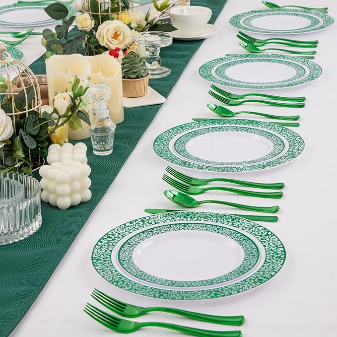 U-QE 150PCS Green Christmas Plastic Plates with Plastic Silverware, Green Christmas Disposable Plates for 30 Guests Include 30 Dinner Plates, 30 Salad Plates,30 Guests Silverware Perfect for Party