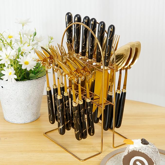 24 Pcs Silverware Set with Hanging Holder, Stainless Steel Flatware Set, Kitchen Utensil Tableware Set with Stainless Steel Knives and Forks and Spoons, Mirror Polished, Dishwasher Safe (Black)