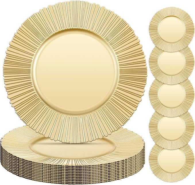 Yaomiao 12 Pcs 13 Inch Gold Charger Plates Bulk Plastic Plates Chargers Round Dinner Chargers for Wedding Party Table Setting Bridal Shower Event Decor (Light Gold)