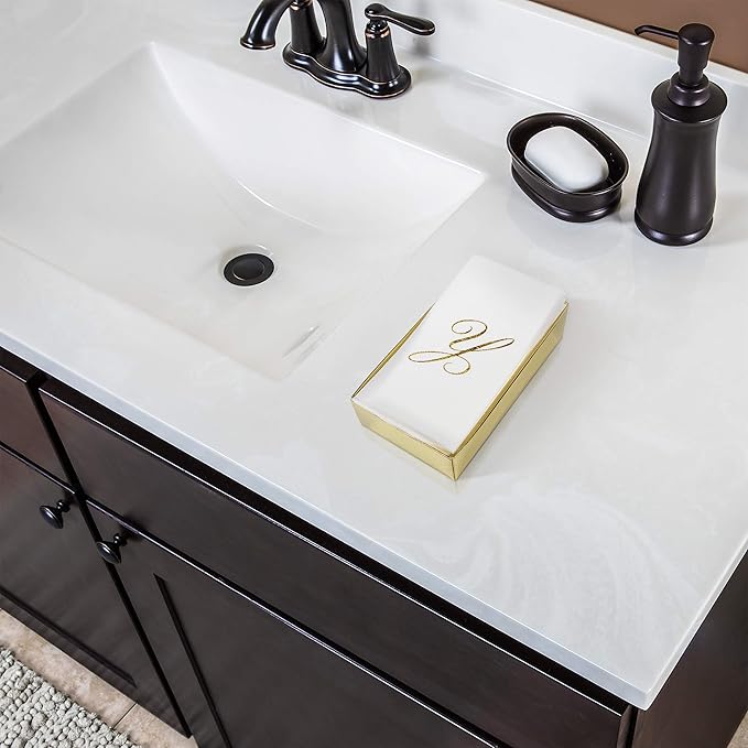 AMERICAN HOMESTEAD Disposable Hand Towels - Gold Foil Monogrammed Guest Napkins - Linen-Like Bathroom Paper Towels for Guests - Perfect Wedding and Party Napkins - 50 Count (Gold A)