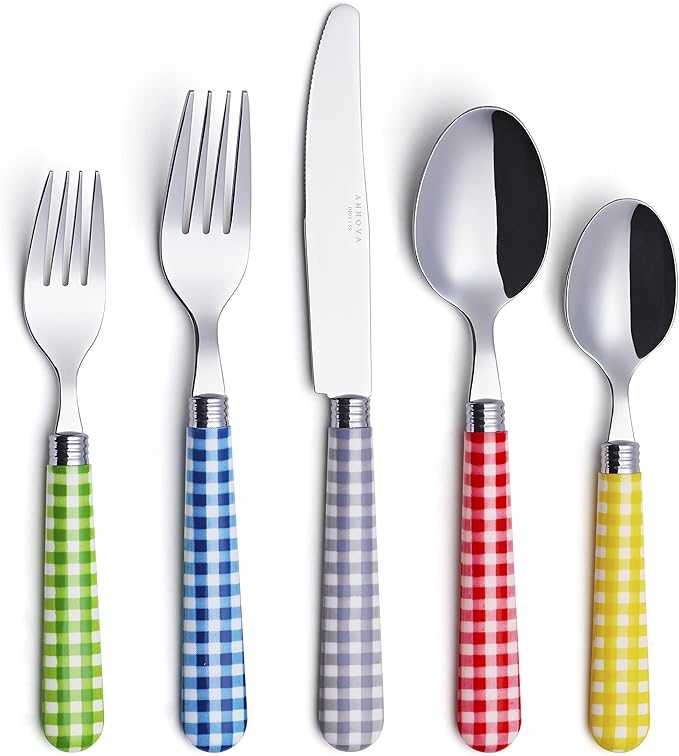ANNOVA Silverware Set Stainless Steel Colorful Tableware Kitchen Flatware Set Utensils, Includes Dinner Knives, Forks, Spoons, Salad Forks & Dessert Spoons (Mix/Checkered, 20 Pieces)