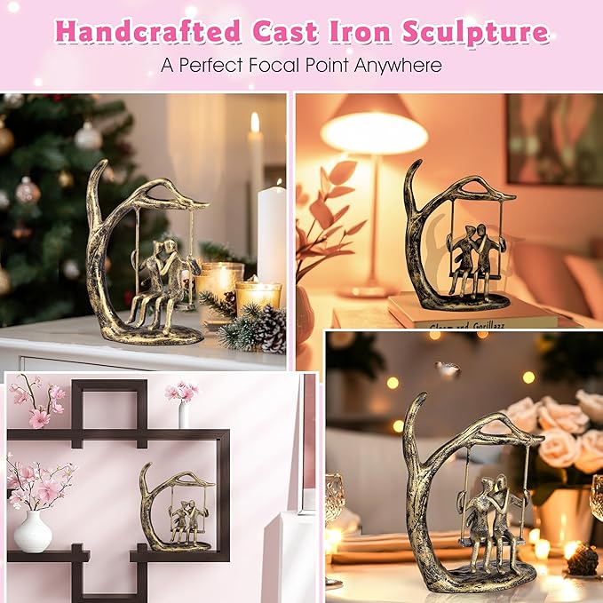 Anniversary Wedding Gifts for Couple/Her - Romantic Couple Statue in Love, Antique Gold Metal Figurine Sweet Loving Together Iron Sculpture Decor, Gifts for Wife Husband Christmas