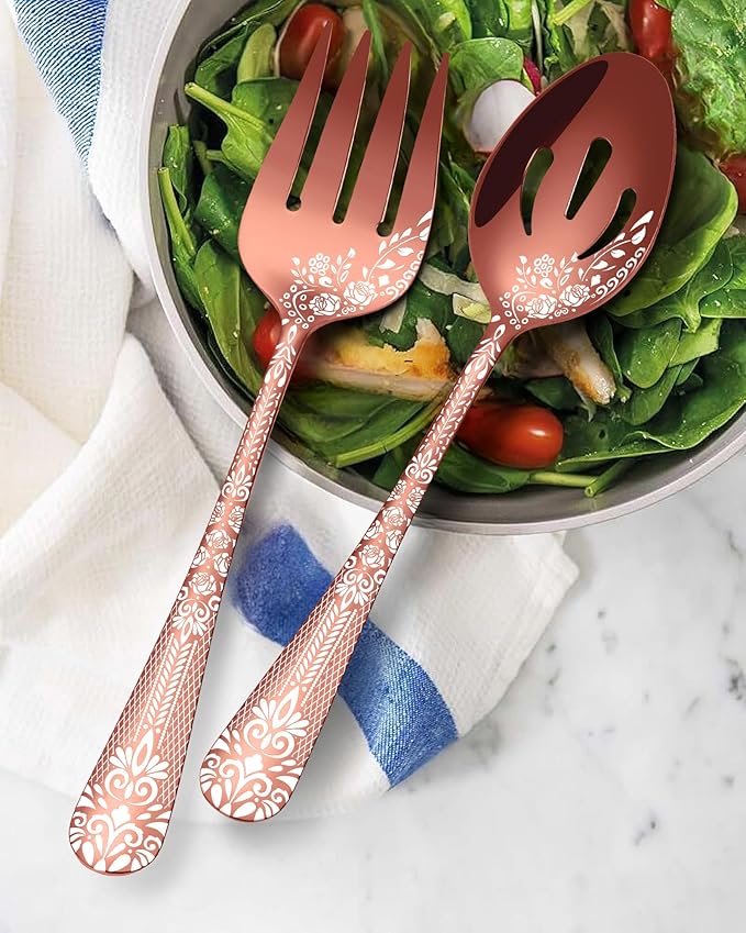 EUIRIO Stainless Steel Copper Serving Utensils Large Serving Spoon Set Serving Fork Slotted Spoon Buffer Knife and Sugar Spoon Kitchen Party Supply (Rose Gold,5 Pieces)