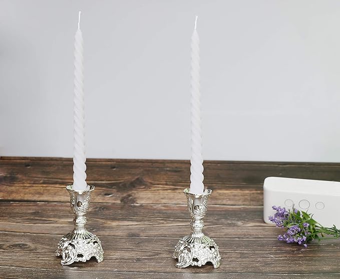 Silver Taper Candle Holders with Deluxe Engraved Design, Set of 2 Premium Metal Silver Candlestick Holders