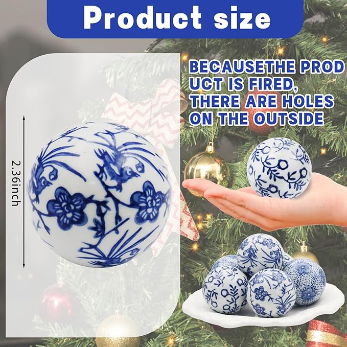 6 Pcs Decorative Blue Balls Chinoiserie Blue and White Ceramic Balls for Centerpiece Bowls Farmhouse Basket Tray Vases Decoration Gifts for Dining Table Holiday(A)