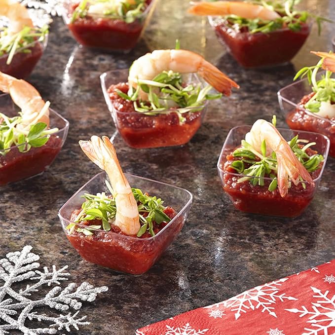 Zezzxu 100 Pack 2 oz Mini Dessert Cups with Spoons, Clear Plastic Reusable Small Square Party Serving Tiny Bowls for Individual Appetizers, Trifle, Cheesecake, Hors D'oeuvres