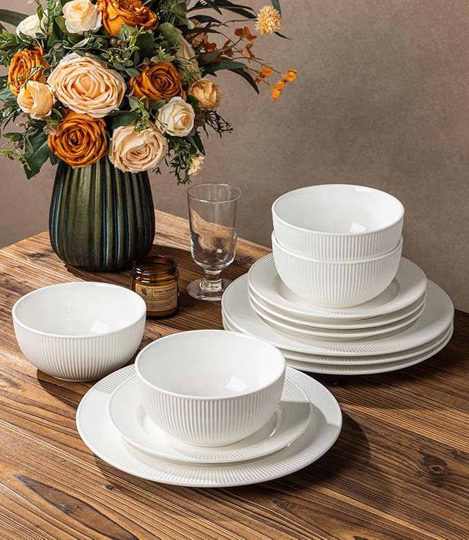 TheTerra Stoneware Dinnerware Sets for 6, 18 Pieces Ceramic Plates and Bowls Sets, Scratch Resistant Embossed Dish Set, Oven, Microwave & Dishwasher Safe, Bright White