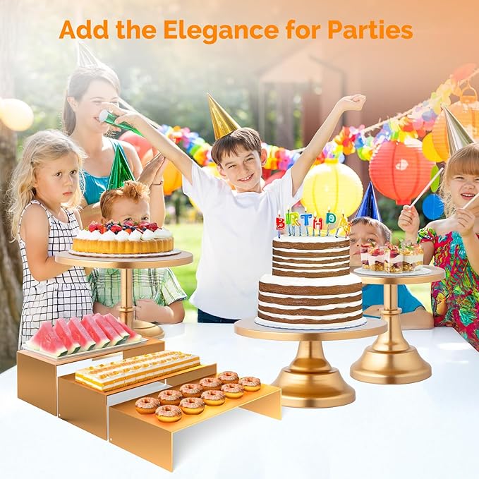 ROVSUN 8PCS Gold Cake Stand Set, Dessert Table Display Set, Metal Cupcake Tower Stand, Fruit Candy Donut Risers Stands with Serving Tongs Cutting Knife for Wedding Birthday Party Baby Shower
