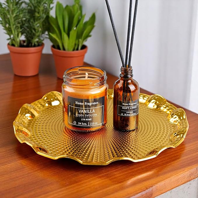 Alisveristime Round Metal Serving Tray for Two – Ottoman Motif, (9.8" Diameter, 10.2 oz) (Gold)