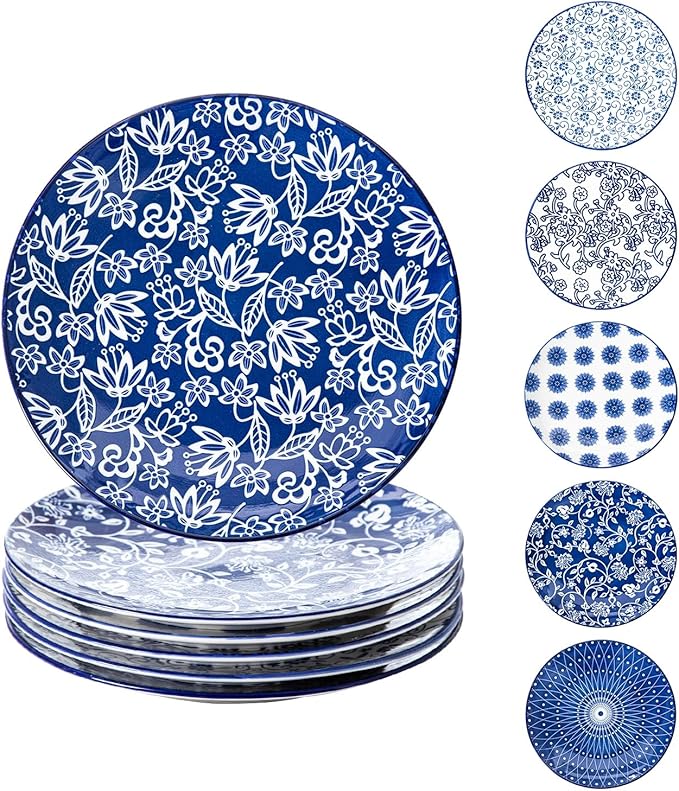 Ceramic Salad Plates Set - 8.5 Inch Kitchen Small Round Dinner - Scratch Resistant Porcelain Microwave Oven Dishwasher Safe - Dishes for Sandwich Dessert Appetizer - Set of 6 - Vintage Blue